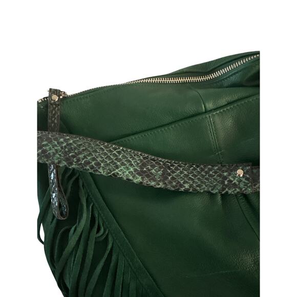 Green Suede Leather Fringe Crossbody Shoulder Bag Snake  Green Suede Leather Fringe Crossbody Shoulder Bag Snake Embossed Strap